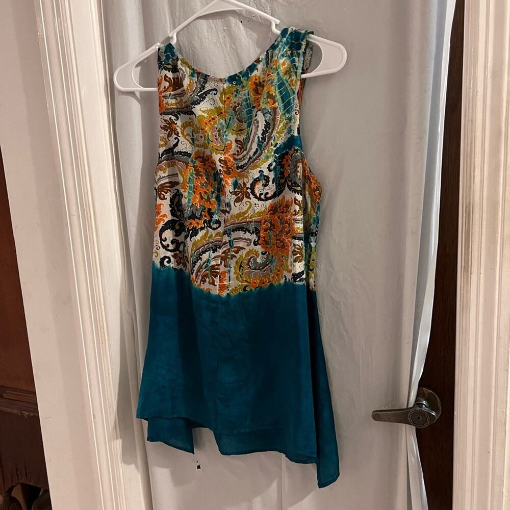 Language teal 100% silk tank top tie front shark bite hem size medium - Picture 5 of 5
